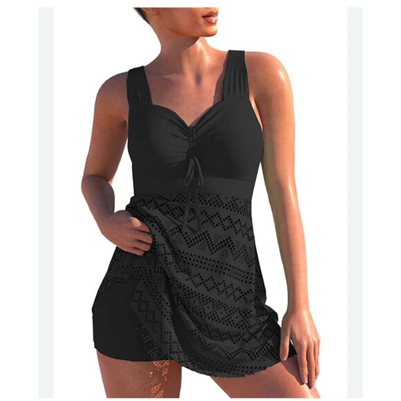 Women's Black Stretch  Lace Tankini Padded  Full Coverage 3XL Beach Swim Cover - Picture 1 of 8
